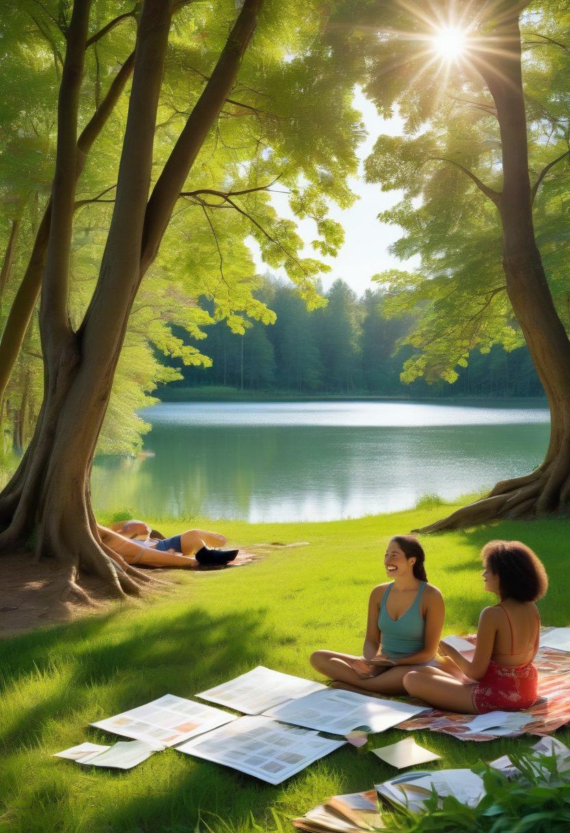A serene outdoor scene featuring a group of diverse nudists joyfully engaging in financial discussions. They are surrounded by nature, with trees and a peaceful lake in the background, symbolizing freedom and harmony. Include elements like laptops, charts, and money, creatively integrated into the environment, illustrating financial empowerment. The atmosphere is warm and inviting, with bright sunlight filtering through the leaves. vibrant colors. super-realistic.