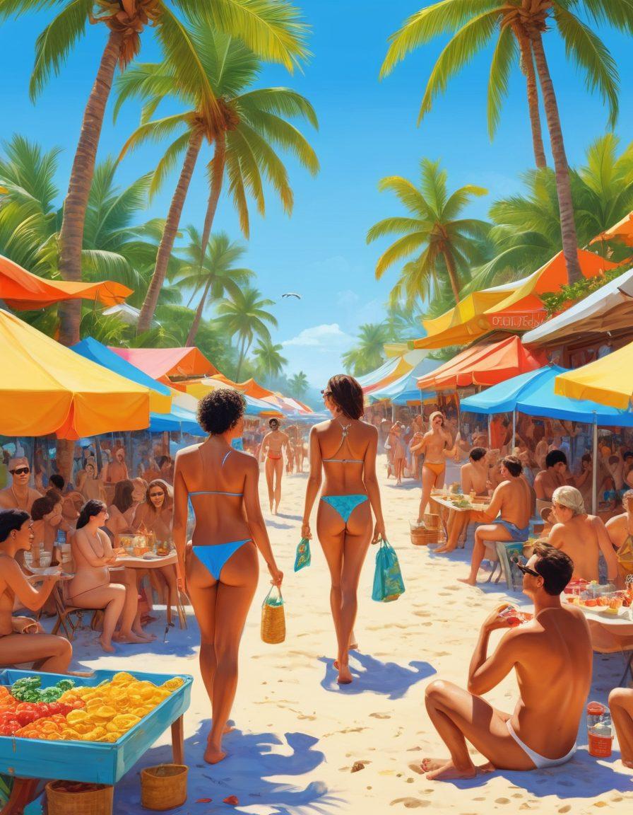 A whimsical and playful scene of a nudist beach bustling with diverse people enjoying their time, exchanging goods in an open-air market style. Under bright sunshine, emphasize the vibrant interactions of people bartering with eco-friendly products, surrounded by tropical palm trees and a clear blue sky. Include elements of money, like colorful bills and coins, subtly integrated into the joyful atmosphere. The style should be bright and lively, capturing the essence of freedom and community. vibrant colors. cartoon style.