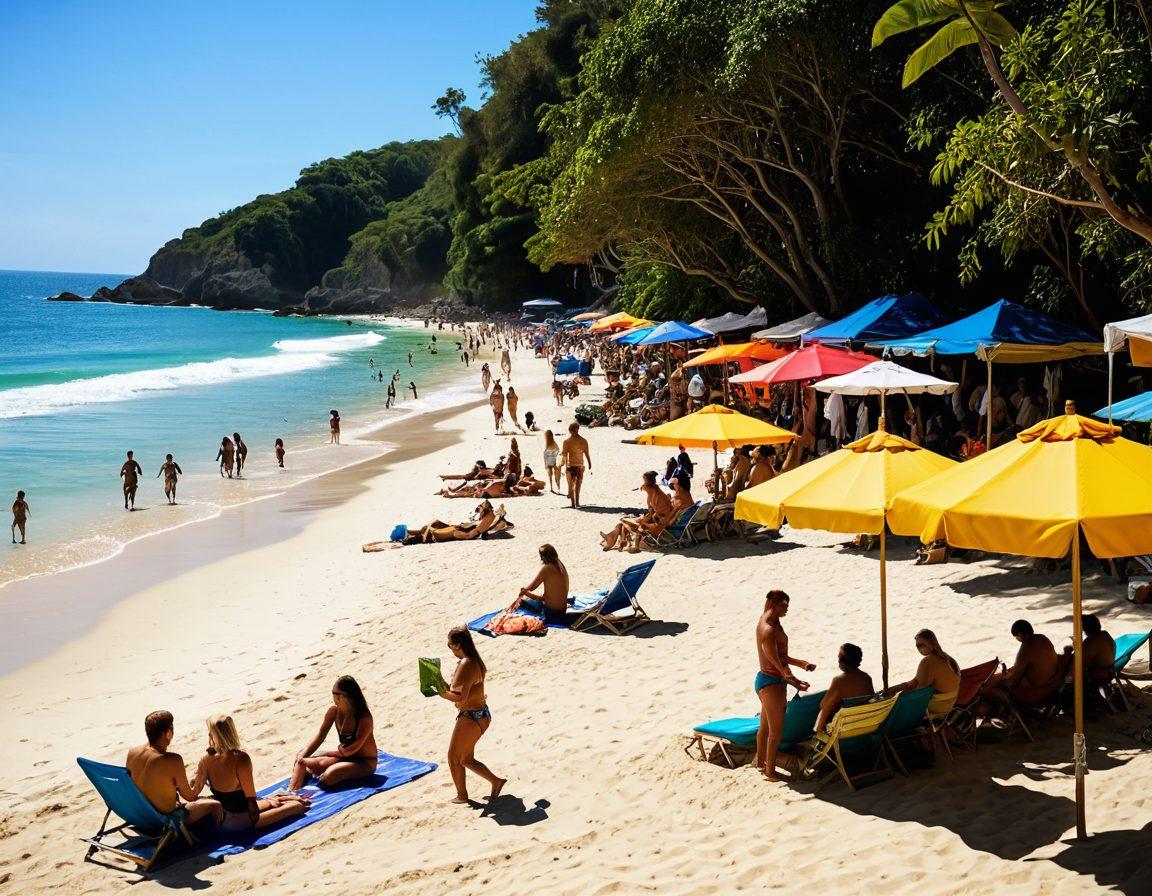 A sun-kissed beach scene with diverse individuals enjoying a carefree nudist lifestyle, surrounded by a thriving market of eco-friendly products. Vibrant colors, filled with laughter and connection, showcasing a blend of nature and entrepreneurial spirit. Tropical plants and elements that symbolize freedom and innovation. super-realistic. vibrant colors. beach theme.